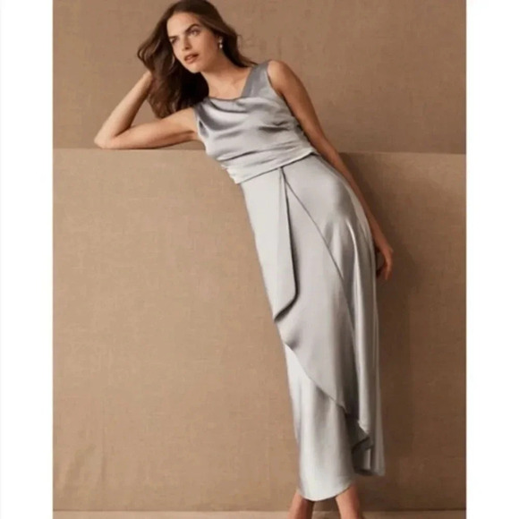 NWT BHLDN Espen Satin Maxi Dress Long MOB Fog Blue Grey 8 - Picture 1 of 12